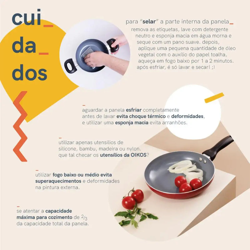 Jogo de frigideiras antiaderente e espátula de silicone vermelha