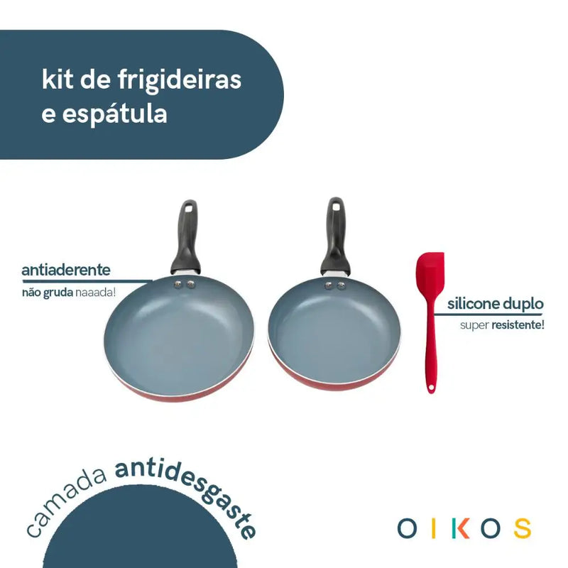 Jogo de frigideiras antiaderente e espátula de silicone vermelha