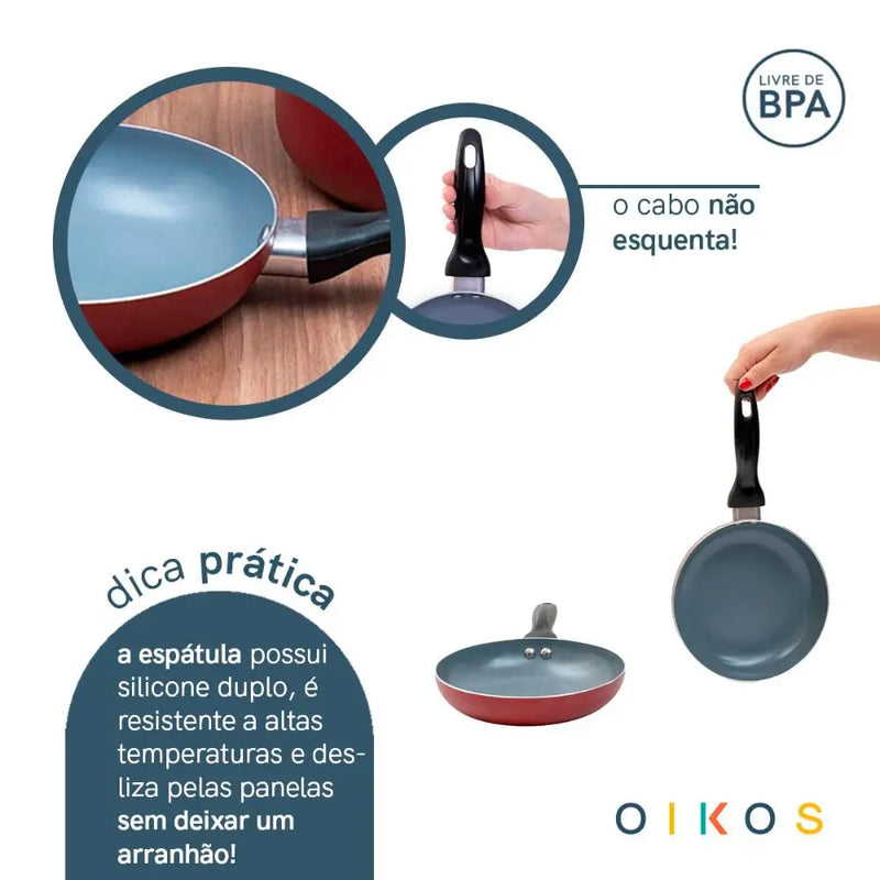 Jogo de frigideiras antiaderente e espátula de silicone vermelha