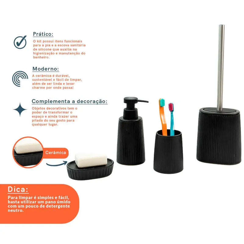 Kit Banheiro Saboneteira E Escova Sanitária 4 Pçs